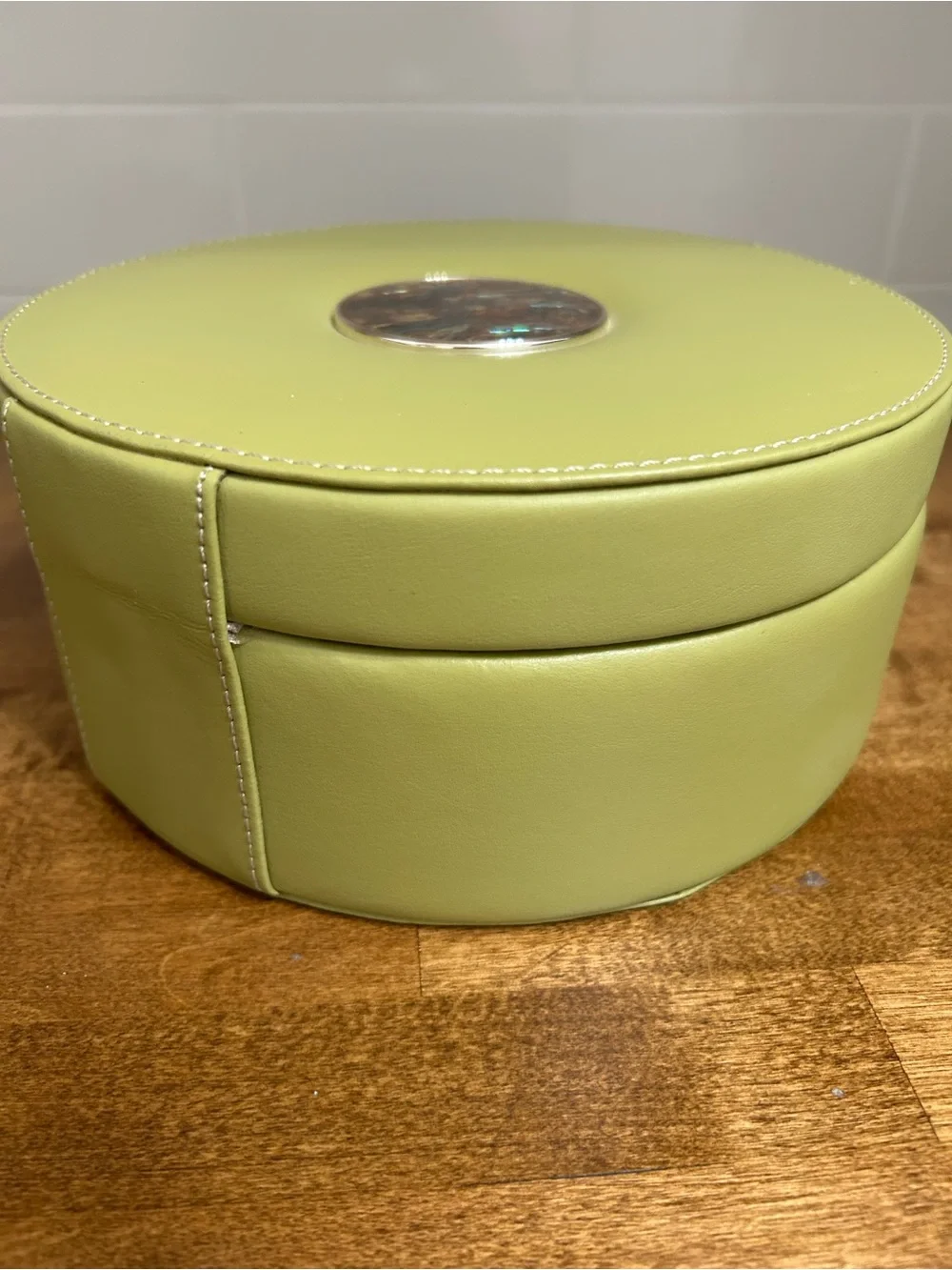 Leather Olive Green Round Jewelry Organizer Case with Mirror